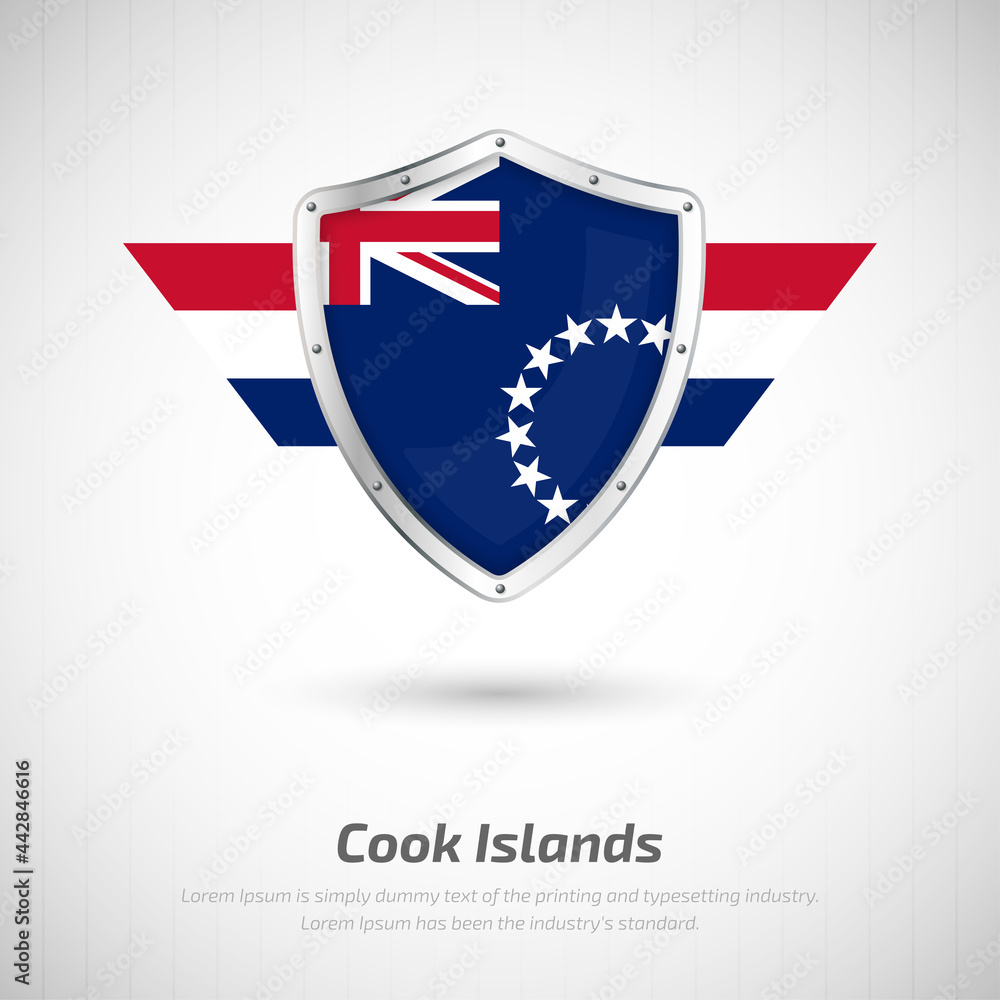 Elegant glossy shield for Cook Islands country with happy national day greeting background