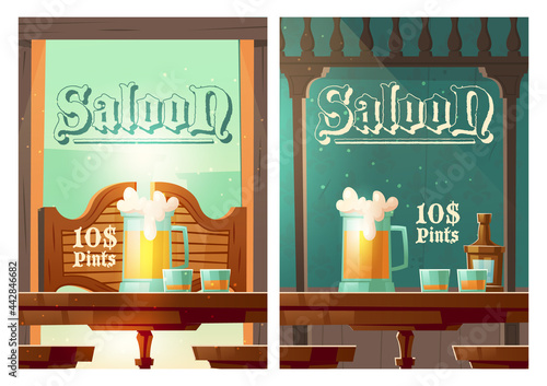Cowboy saloon cartoon banner, glass tankards with foamy beer and shots with alcohol drinks stand on wooden old style table in wild west tavern. Invitation to retro pub or bar Vector poster