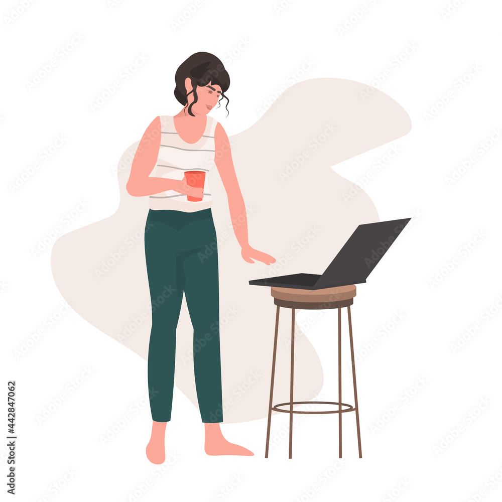 woman freelancer drinking coffee working on laptop stay home coronavirus pandemic quarantine concept woman freelancer drinking coffee working on laptop stay home coronavirus pandemic quarantine concept