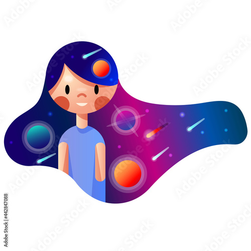 A girl with cosmic hair floating in the air. The concept of a rich inner world. An illustration for a web banner. Vector illustration in a flat style. Space. Girl.