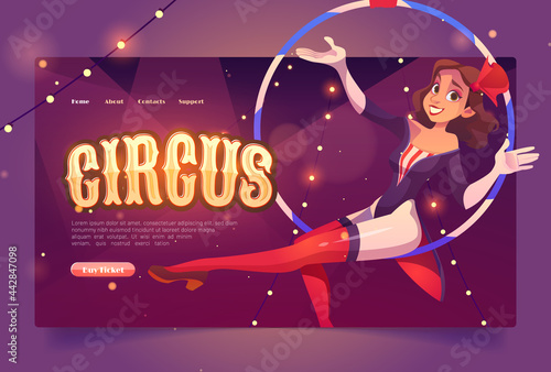 Fototapeta Naklejka Na Ścianę i Meble -  Circus website with aerial gymnast girl in hoop. Invitation banner to carnival show, theater performance in cirque. Vector landing page with cartoon illustration of woman acrobat, aerialist dancer