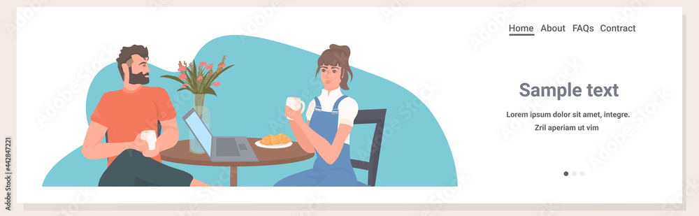 Fototapeta premium couple drinking coffee man woman discussing during lunch spending time together coronavirus quarantine