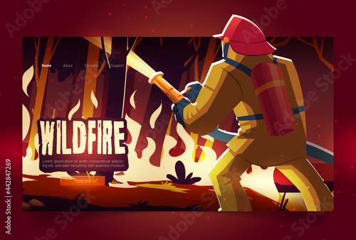 Wildfire landing page with burning forest and fireman at night. Vector banner of wild nature disaster with cartoon illustration of man extinguishes flame in woods with burning trees and grass