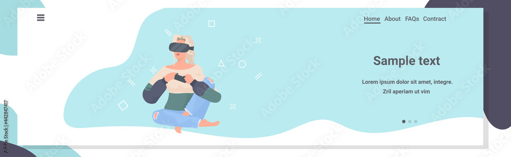 woman wearing vr glasses using joystick girl playing video games using virtual reality goggles woman wearing vr glasses using joystick girl playing video games using virtual reality goggles