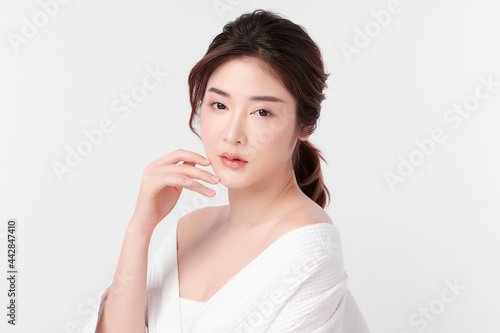 Beautiful young asian woman with clean fresh skin on white background, Face care, Facial treatment, Cosmetology, beauty and spa, Asian women portrait.