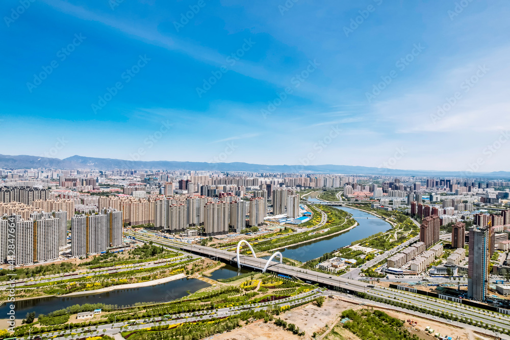 Aerial scenery along the Xiaohei River in Hohhot, Inner Mongolia, China