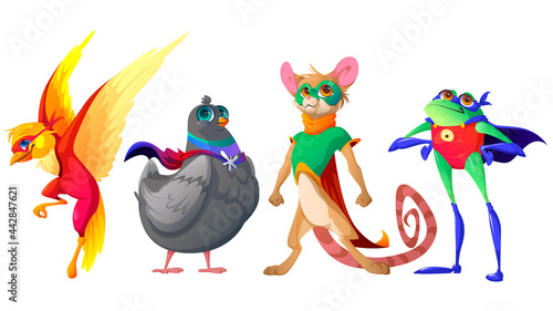 Superhero animals cartoon characters. Phoenix and dove in mask, brave mouse in cape and funny frog in red panties with arms akimbo. Comic super heroes for kids t-shirt print, Vector illustration, set