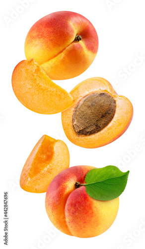 Whole and slice apricot on white background