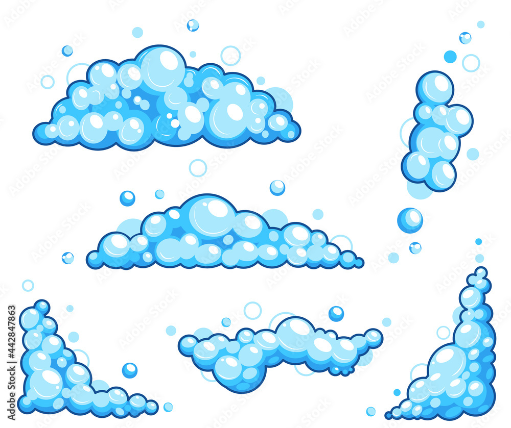Cartoon soap foam set with bubbles. Light blue suds of bath, shampoo, shaving, mousse. Vector illustration - obrazy, fototapety, plakaty 