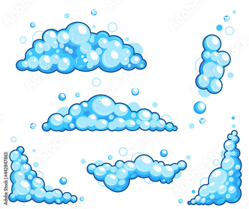 Cartoon soap foam set with bubbles. Light blue suds of bath, shampoo, shaving, mousse. Vector illustration