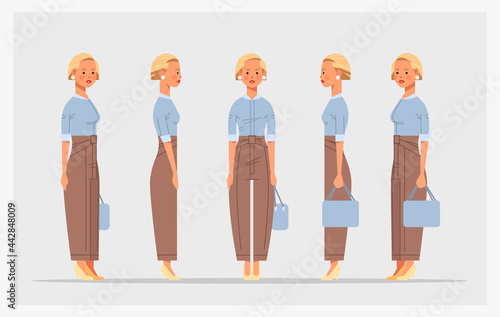 set businesswoman front side view female character different views for animation full length horizontal