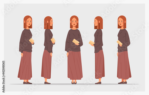 set casual woman front side view female character different views for animation full length