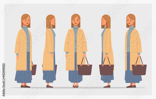 set businesswoman with handbag front side view female character different views for animation full length horizontal