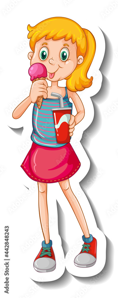 Sticker template with a girl eating ice-cream cartoon character isolated Sticker template with a girl eating ice-cream cartoon character isolated