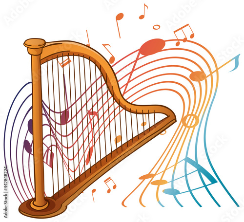Harp musical instrument with melody symbols isolated