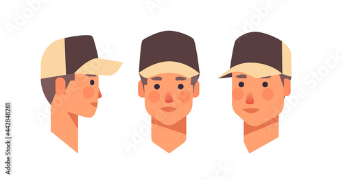 set guy in cap head avatar front side view male character different views for animation horizontal