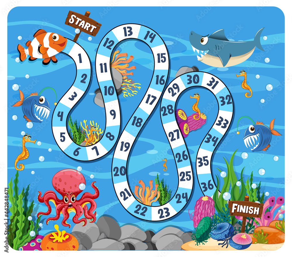 Path board game in underwater theme with sea animals Stock Vector