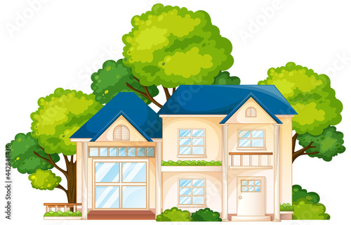 Front of a house with many tree isolated on white background