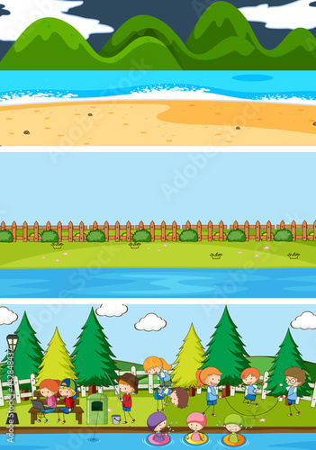 Set of different horizontal scenes background with doodle kids cartoon character