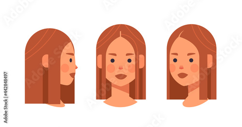 set girl head avatar front side view female character different views for animation portrait