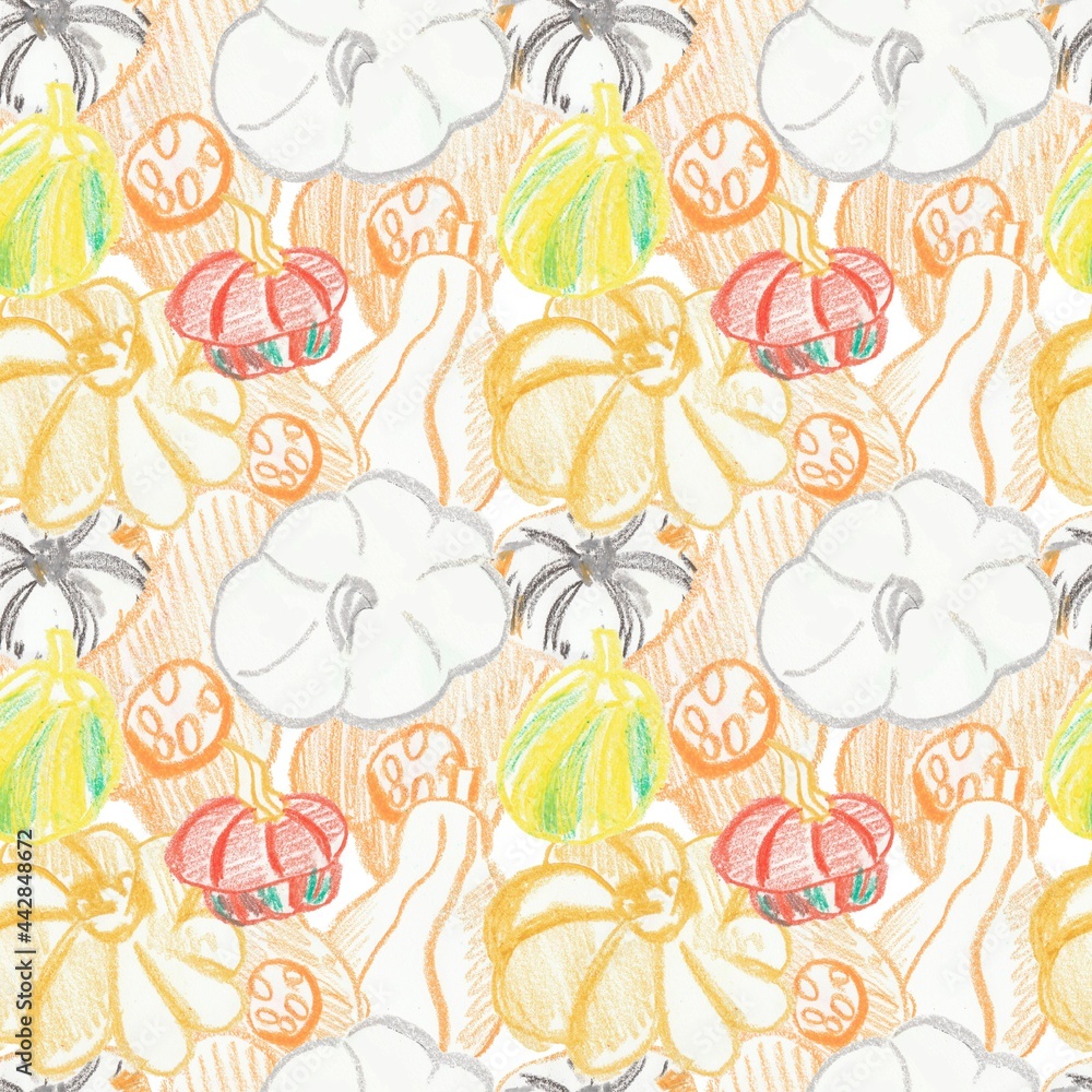 Seamless patterns with fall pumpkins hand drawn in wax crayons.Food print for Thanksgiving with textured pastels on white isolated background.Designs for textiles,packaging,wrapping paper,cards.
