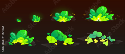 Green burst sprites for game or animation. Vector storyboard of cartoon explosion with color clouds. Set of sequence explode with green powder or dust splash isolated on black background