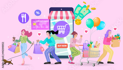 A giant smartphone app acts as a storefront for a diverse group of women shopping for groceries, fashion, and food. This scene symbolizes a complete e-commerce ecosystem.