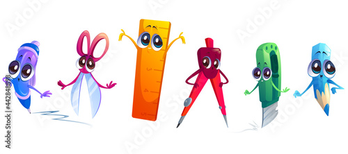 Cute characters of school stationery isolated on white background. Vector cartoon set of funny education supplies for children, pen, pencil, paper cut knife, compass, scissors and ruler