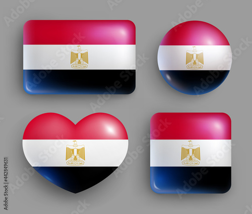 Set of glossy buttons with Egypt country flag. Northern African country national flag, shiny geometric shape badges. Egypt symbols in patriotic colors realistic vector illustration