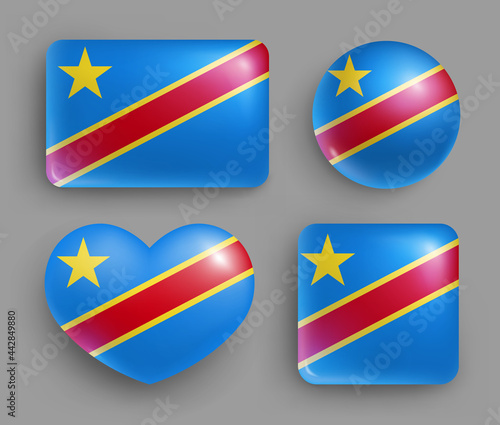 Free Download Set of glossy buttons with Zaire country flag. Middle African republic national flag geometric shape badges. Democratic Republic of the Congo symbols in patriotic colors realistic vector illustration - GFXLoad
