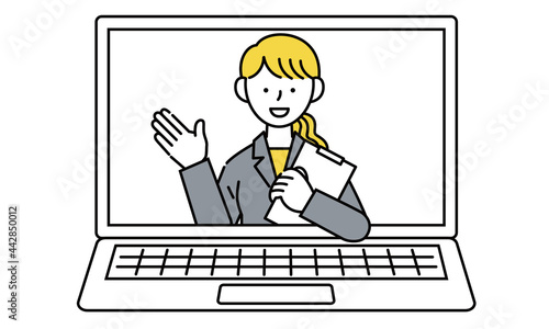 PCでサポートや問い合わせ対応するスーツの女性のイラスト

