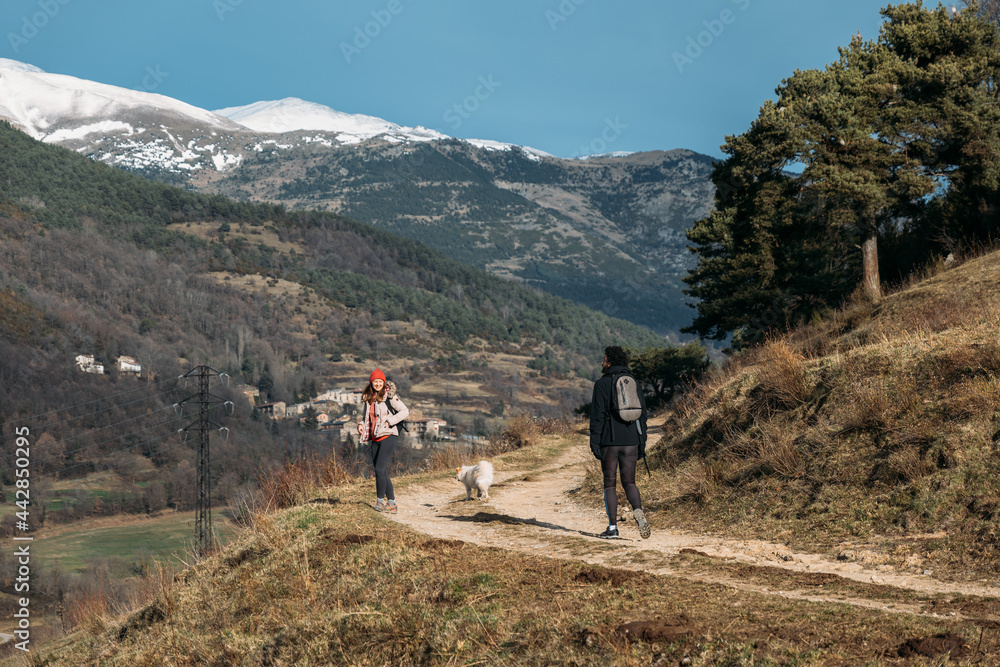 Fototapeta premium A couple of hikers with backpacks and a dog walking along beautiful area with snowy mountains, forest and blue sky. The concept of active rest.