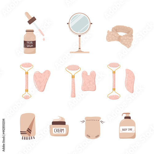 Rose quartz roller and gua sha scraper. Set of facial massage tool. Chinese skin care concept. Morning routine. Vector illustration in flat cartoon style.