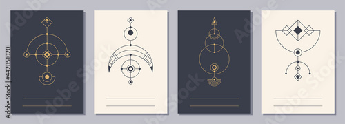 Set of flyers, posters, placards, brochure design templates A6 size with geometric icons. Symbols of magic, alchemy, spirituality, occultism. Vertical blanks with sacral geometric signs.