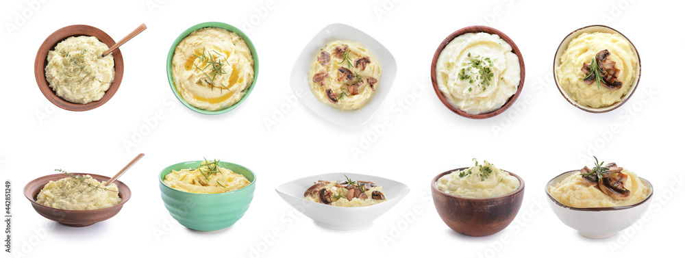 Bowls with tasty mashed potato on white background Bowls with tasty mashed potato on white background
