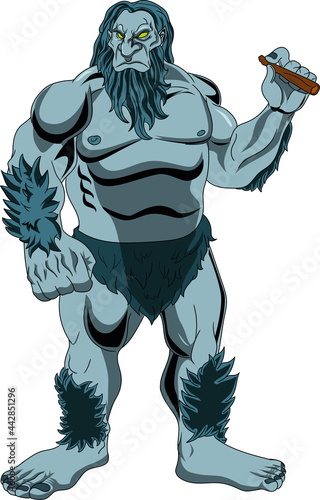 A Kapre, a tall, hairy and muscular creature that resides in the trees and loves cigars. Popular in Philippine folklore. Cartoon style drawing.