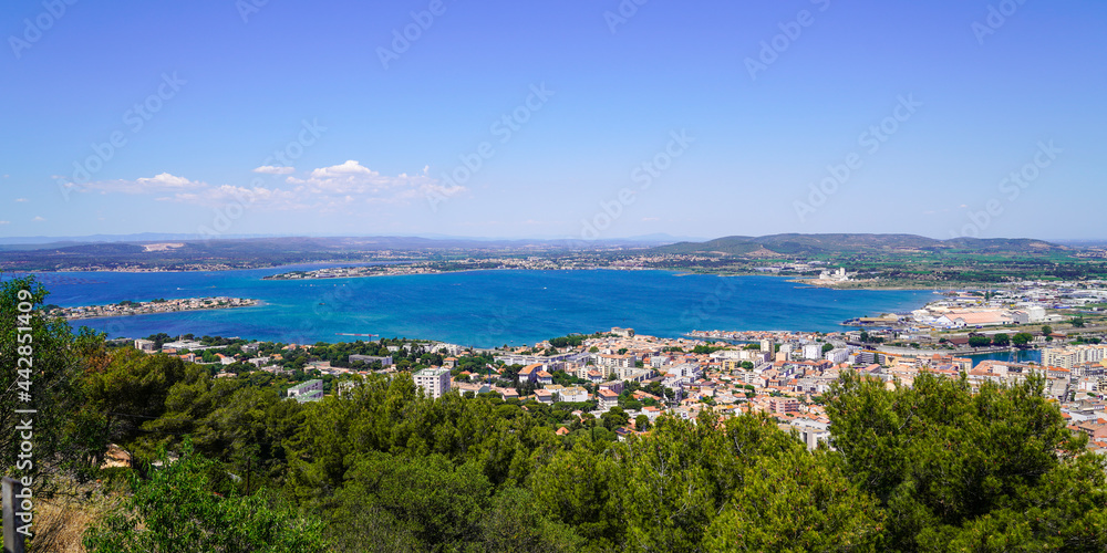 Sete panoramic view from Mont Saint Clair waterfront of city harbor in Languedoc-Roussillon South France