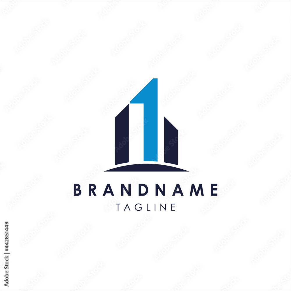 Architectural Building Logo with numbers 1. Flat Vector Logo Design.