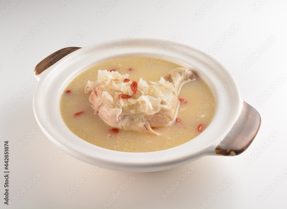 hot double boiled Chinese herbal ginseng chicken soup in claypot asian halal menu hot double boiled Chinese herbal ginseng chicken soup in claypot asian halal menu