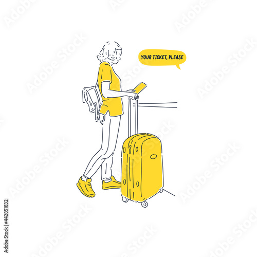 The girl checks in for the flight. A young woman with tickets is standing at the counter. Vector illustration.
