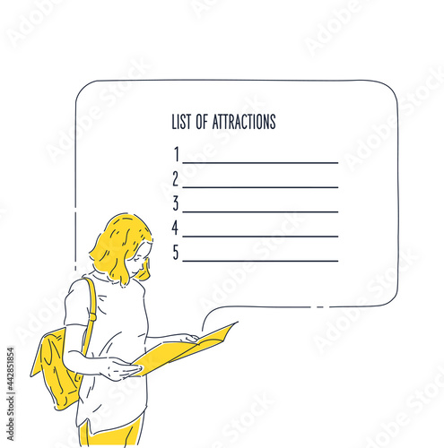 The girl plans the route of the trip. A young woman looks at the map. Template for placing information.