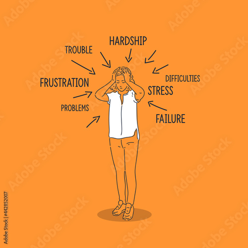 The girl gets upset and holds her head in her hands. A young woman is worried about problems in her life.