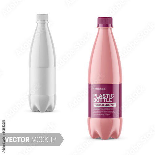 White glossy plastic bottle mockup. Vector illustration.