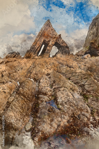 Digital watercolour painting of Beautiful landscape image of Blackchurch Rock on Devonian geological formation on beautiful Spring day photo