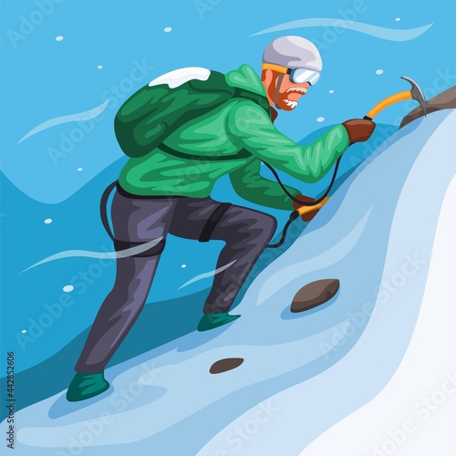 Man climbing ice mountain in snow storm. extreme sport scene illustration vector