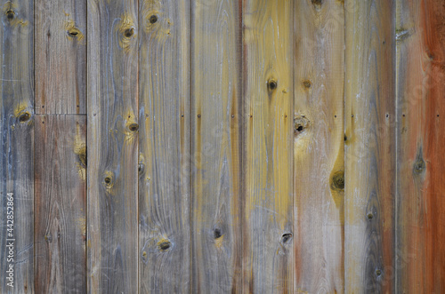 Rustic yellow weathered wood plank background. Vintage wooden palette board wall texture. Wood board discolored by ultraviolet rays