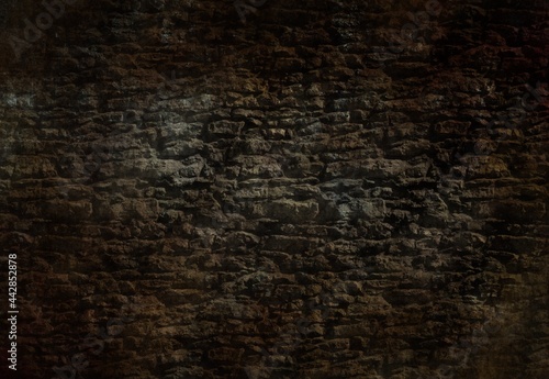 Stone brick wall texture background asset, mossy, dark, grunge