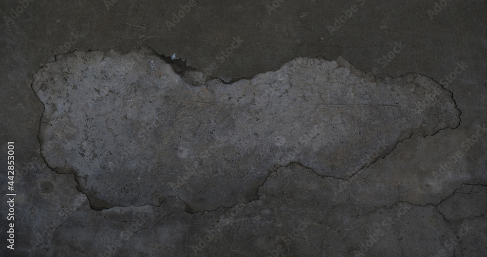 Naklejka premium Aged cracked black cement concrete texture background. Old damaged grunge wall that mortar facade has been peeled off