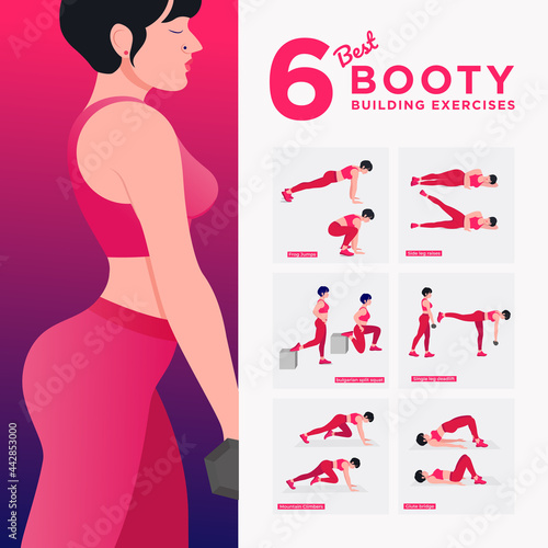 Buttocks fat burning workout Set. Women doing fitness and yoga exercises. Lunges, Pushups, Squats, Dumbbell rows, Burpees, Side planks, Situps, Glute bridge, Leg Raise, Russian Twist, Side Crunch .etc