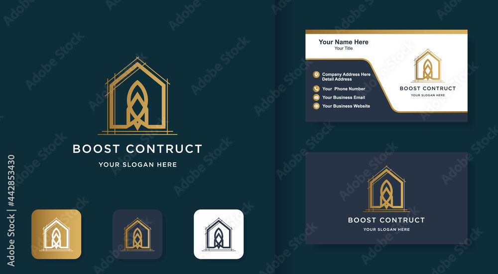 construction logo, rocket house line logo and business card construction logo, rocket house line logo and business card
